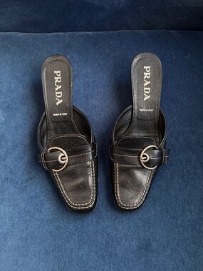 PRADA Vintage Silver Buckle
Black Leather Kitten Heel
Slides Size 38 1/2